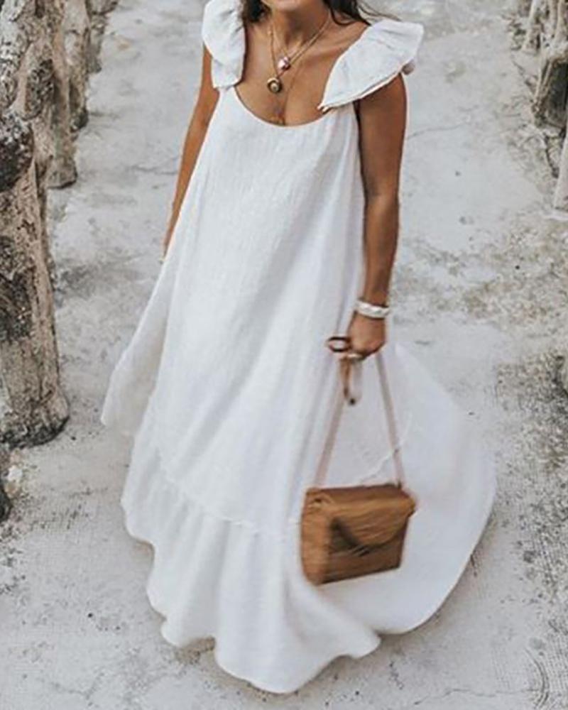 

Ruffles Ruched Casual Maxi Dress, White