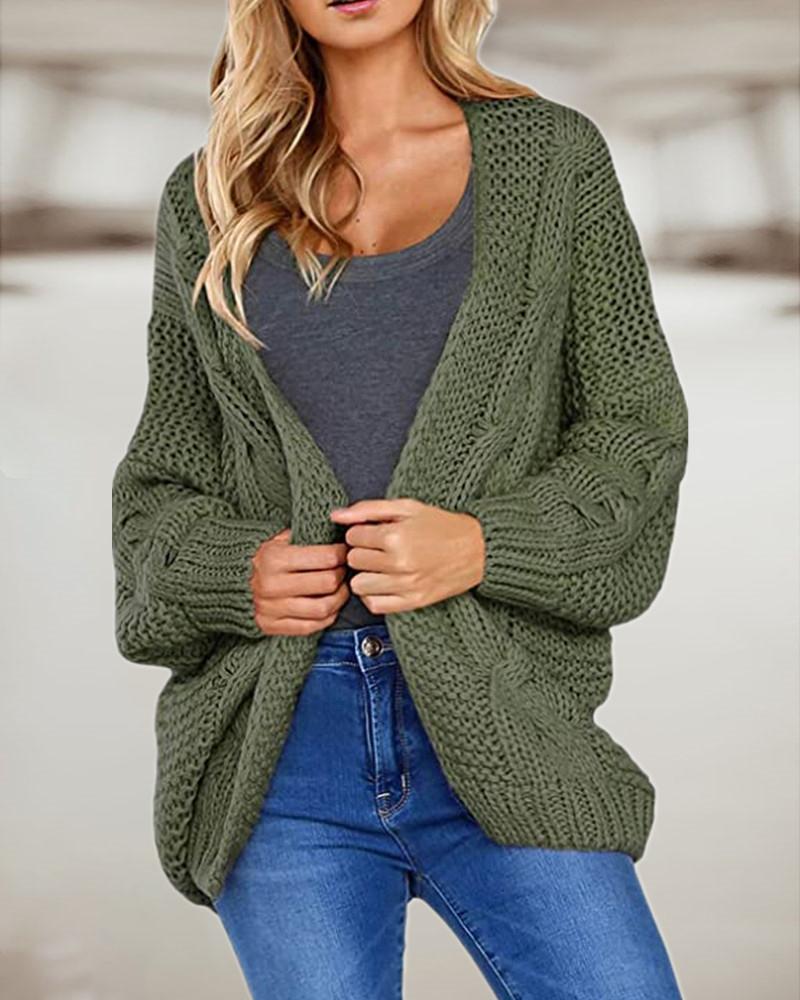 

Lantern Sleeve Casual Braided Knit Cardigan, Green