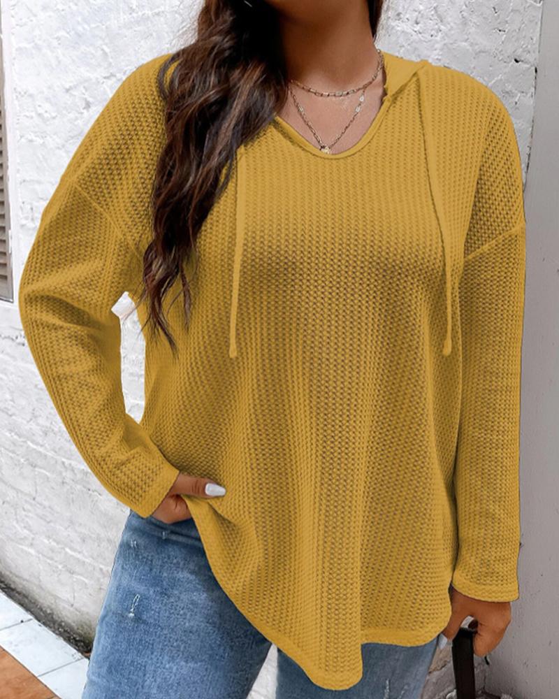 

Plus Size Waffle Knit Long Sleeve Hooded Top, Yellow