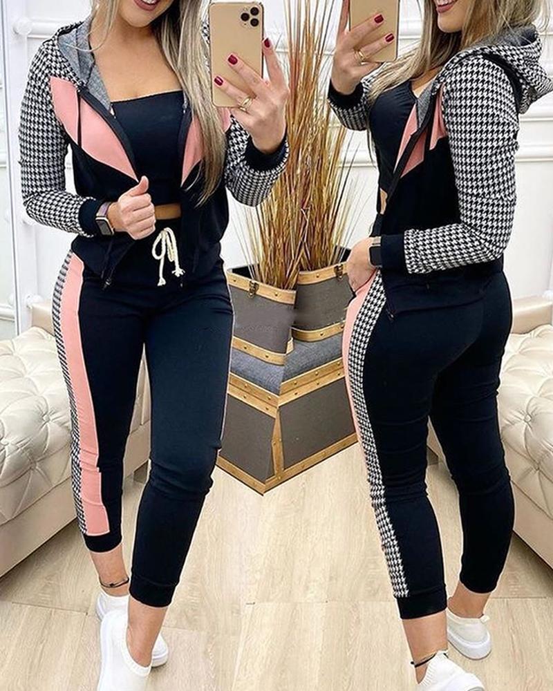 

Plaid Colorblock Hooded Top & Pants Set, Black