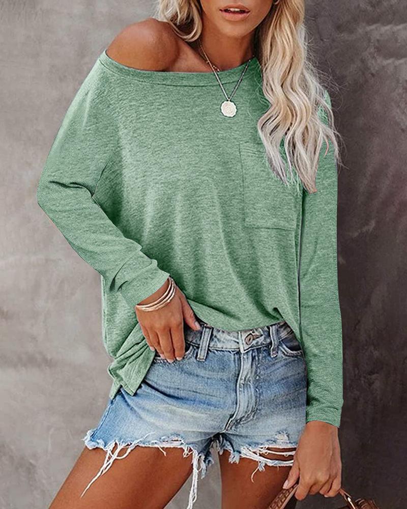 

Pocket Design Long Sleeve Casual Top, Green