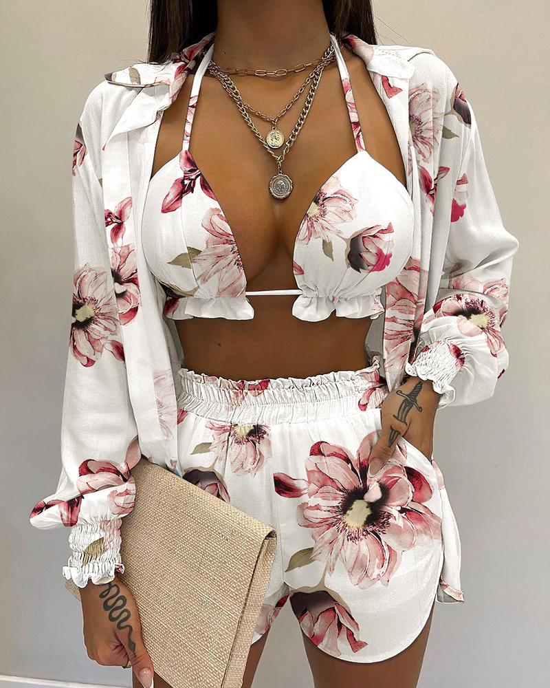 

3PCS Floral Print Lantern Sleeve Shirt & Shorts Set With Crop Top, White