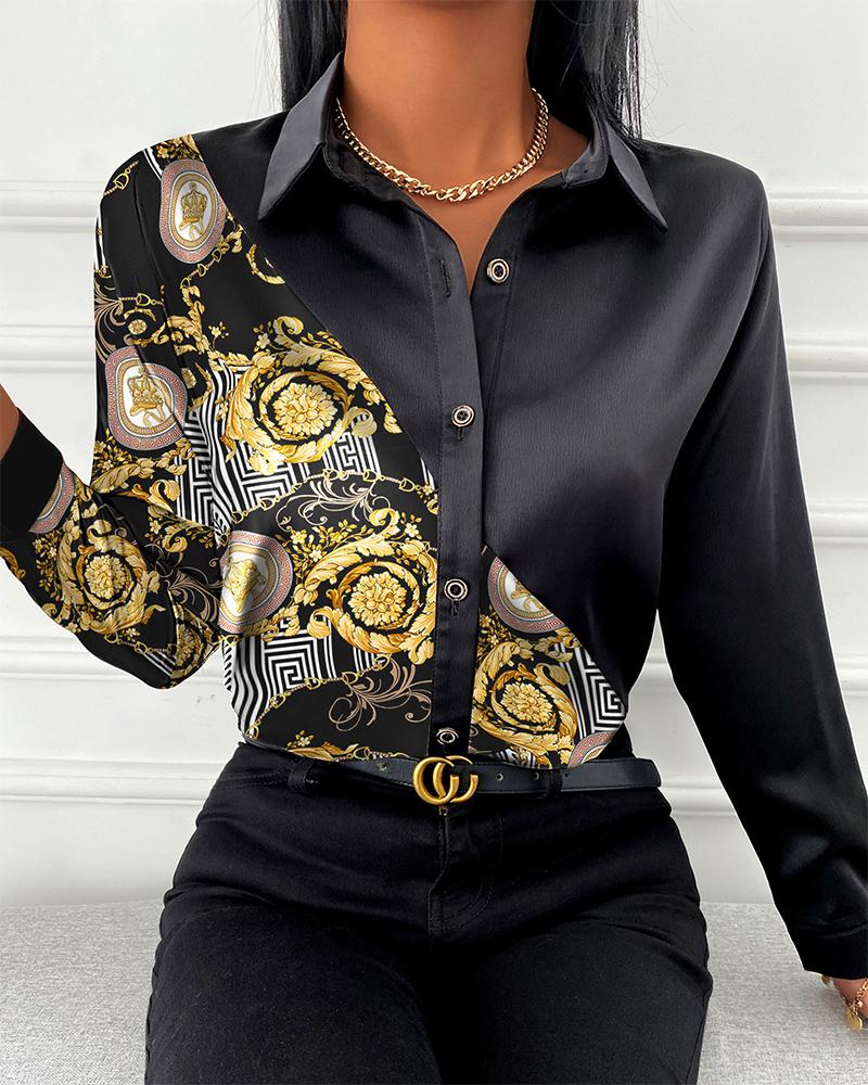 

Scarf Print Long Sleeve Button Design Casual Shirt, Black