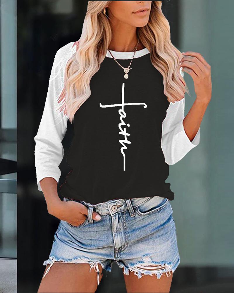 

Letter Print Raglan Sleeve Casual Top, Black