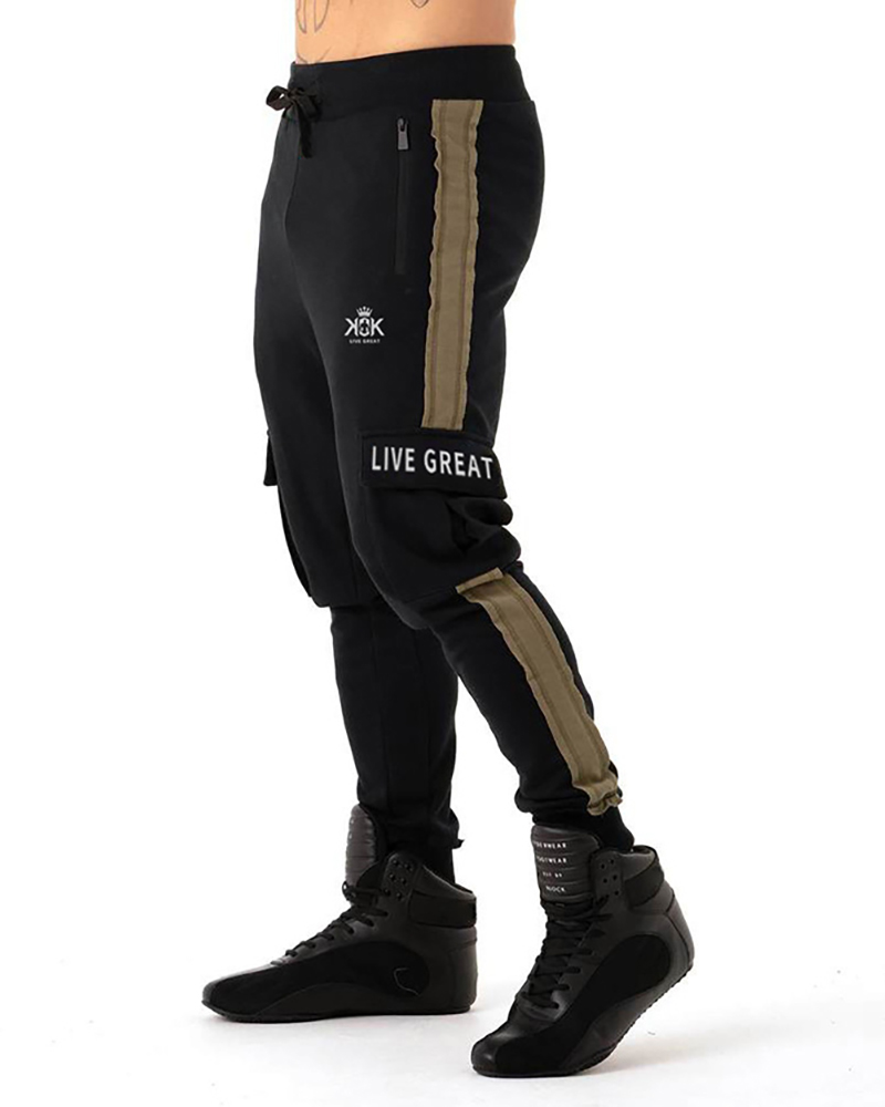 

Men Letter Print Colorblock Drawstring Cargo Pants, Black
