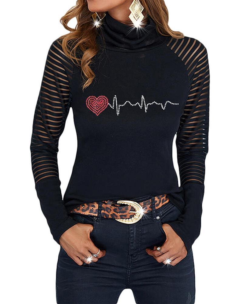 

Valentine' Day Mesh Patch Mock Neck Rhinestone Top, Style1