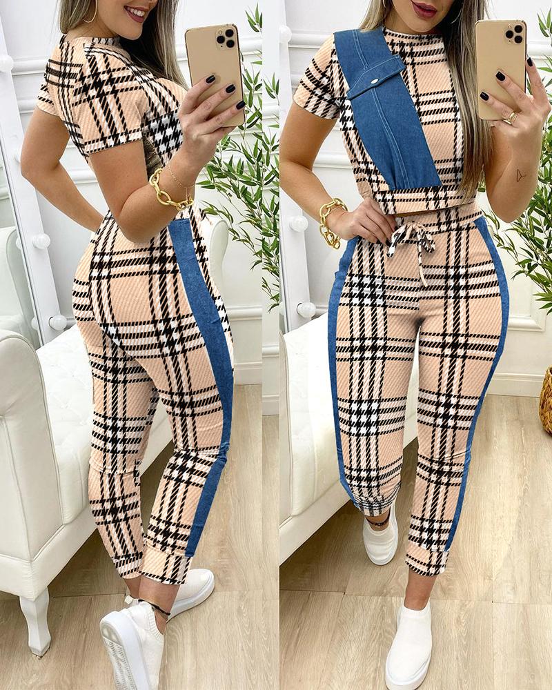 

Plaid Print Patchwork Pocket Design Top & Drawstring Pants Set, Khaki