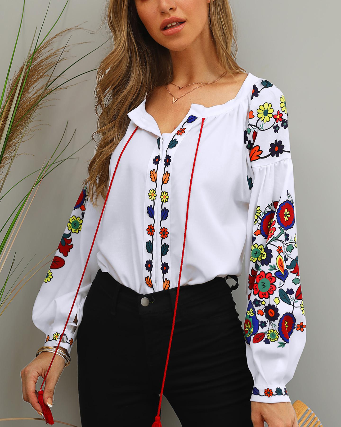 

Floral Print Lantern Sleeve Blouse, Multicolor
