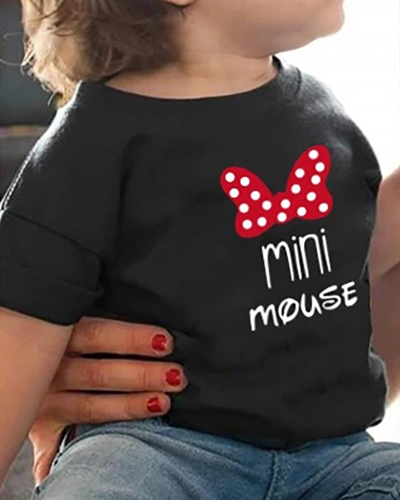 

Mommy & me Bowknot Pattern Letter Print Short Sleeve T-Shirt For Kids, Black