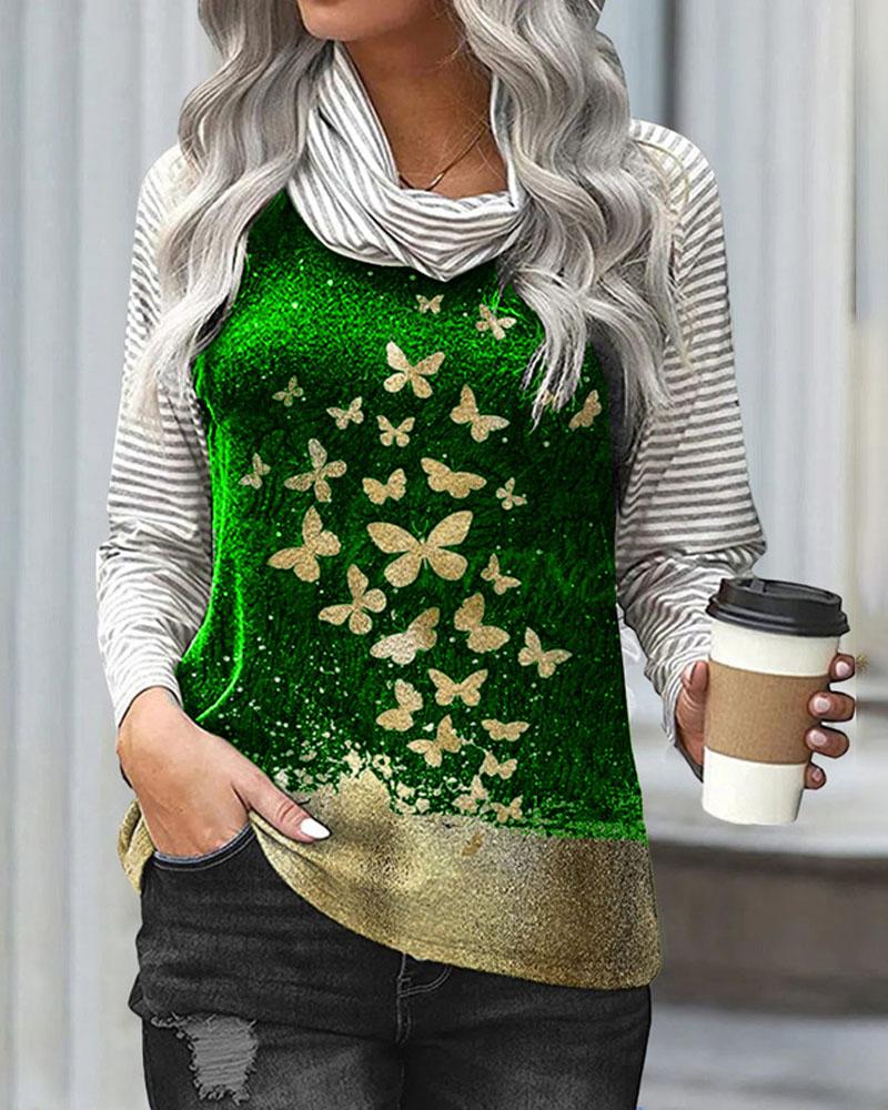 

Striped Butterfly Print Long Sleeve Top, Green