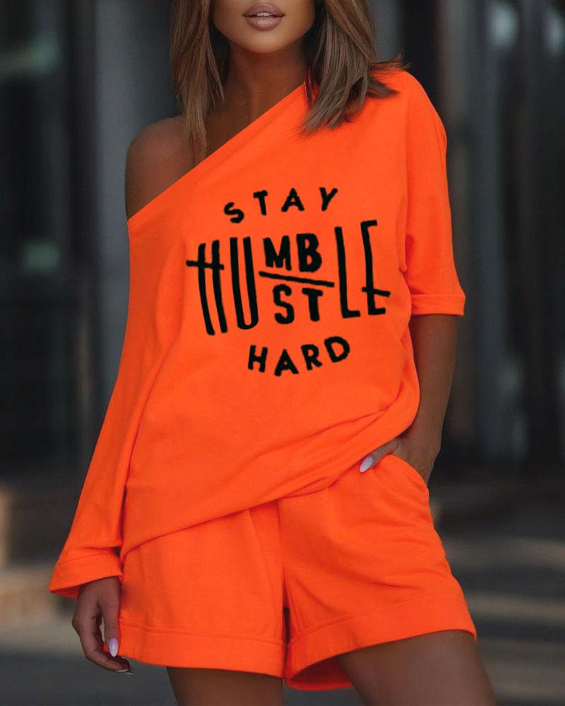 

Letter Print Casual Top & Shorts Set, Orange