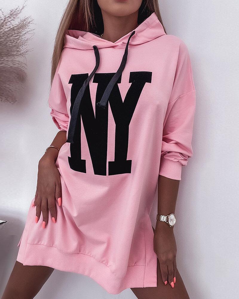 

Letter Print Split Hem Long Sleeve Hoodie, Pink