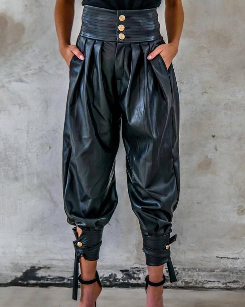 

Button Design PU Leather Ruched Harem Pants, Black