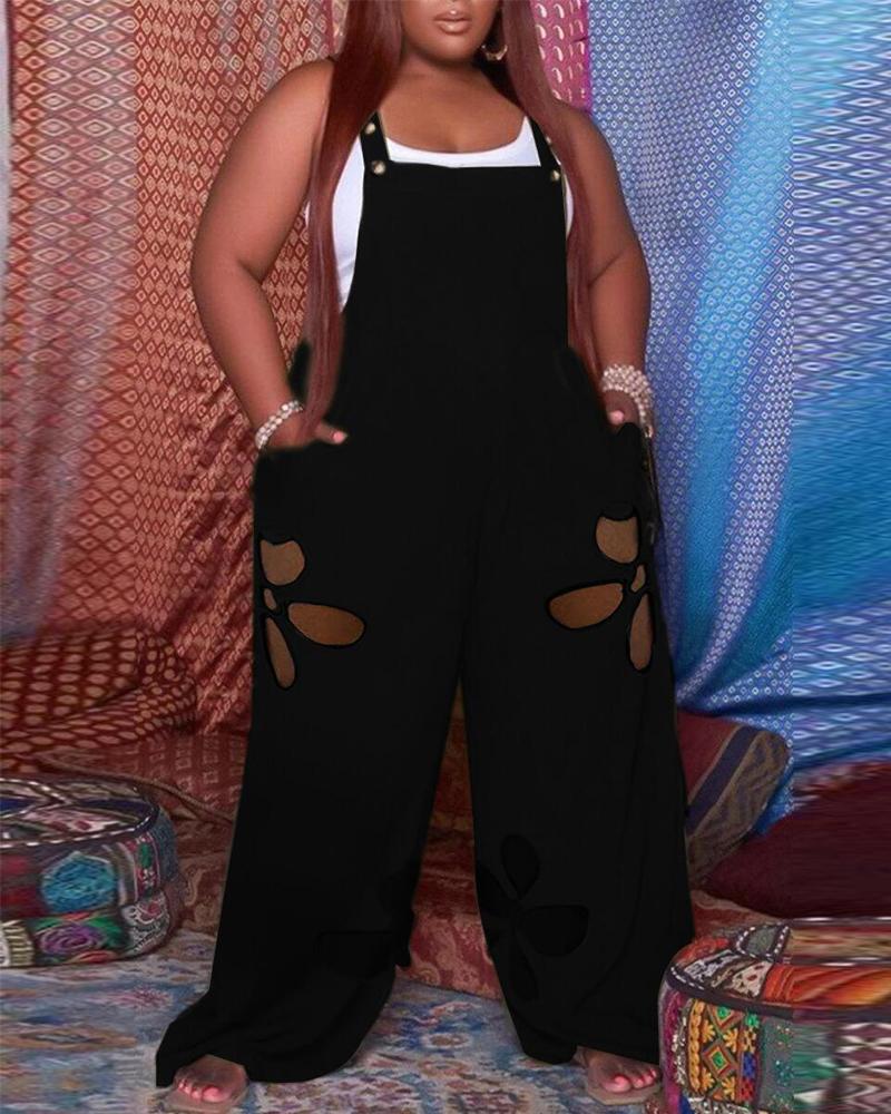 

Plus Size Cutout Wide Leg Suspender Jumpsuit, Black