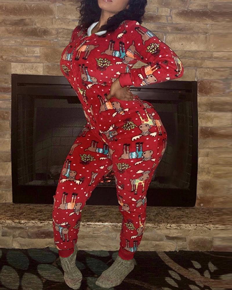

Christmas Print Long Sleeve Jumpsuit, Red