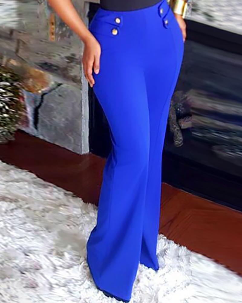 

High Waist Button Design Wide Leg Pants, Purplish blue
