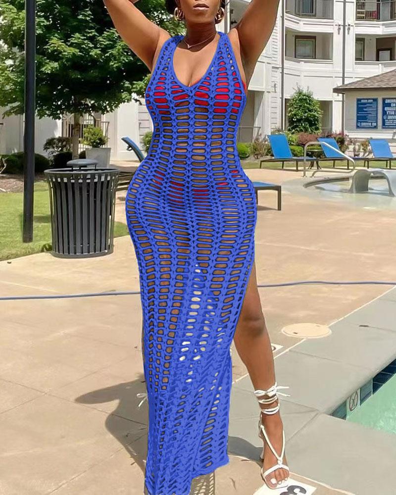 

Hollow Out High Slit Crochet Cover Up Beach Dress, Blue