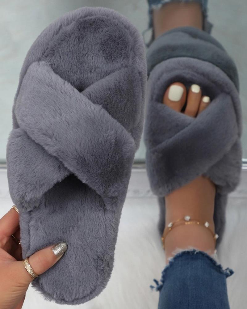 

Round Toe Fuzzy Crisscross Slippers, Gray