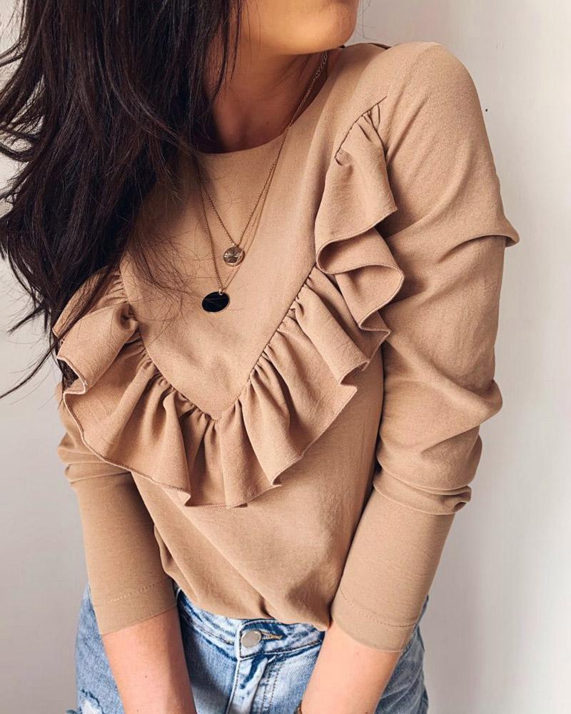 

Ruffles Design Round Neck Long Sleeve Blouse, Khaki