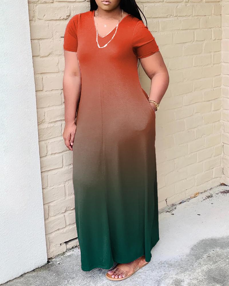 

Ombre Colorblock Short Sleeve Pocket Design Maxi Dress, Wine red