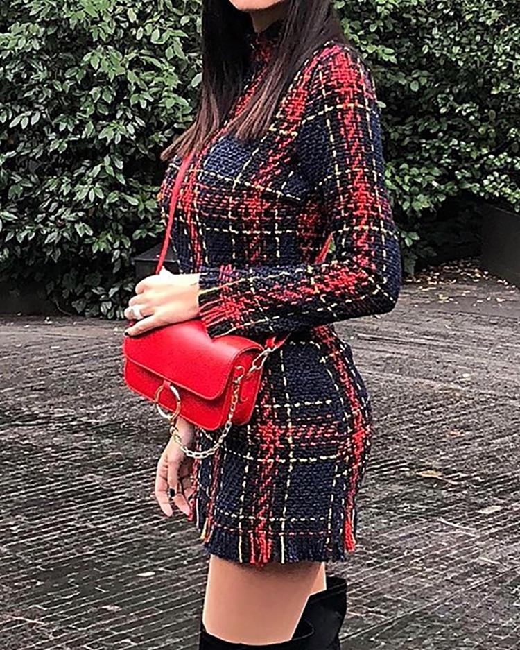

Long Sleeve Frayed Hem Tweed Women Dress, Purplish blue