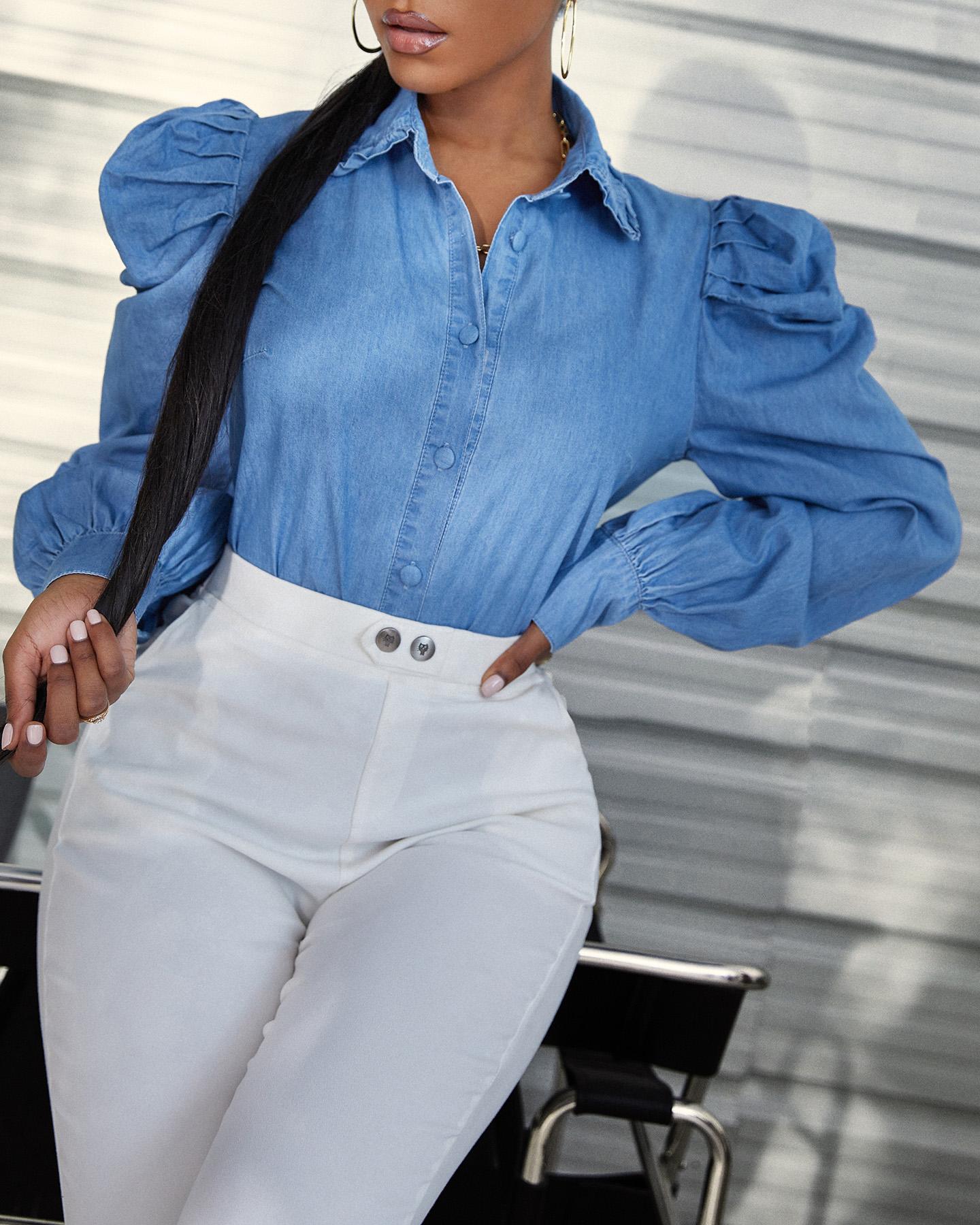 

Solid Puff Sleeve Button Up Denim Shirt, Blue