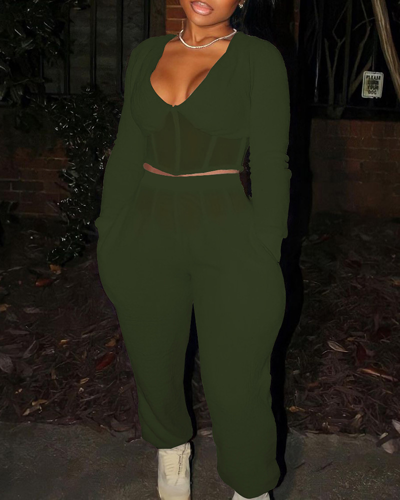 

Long Sleeve Mesh Patch Top & Pocket Design Pants Set, Green