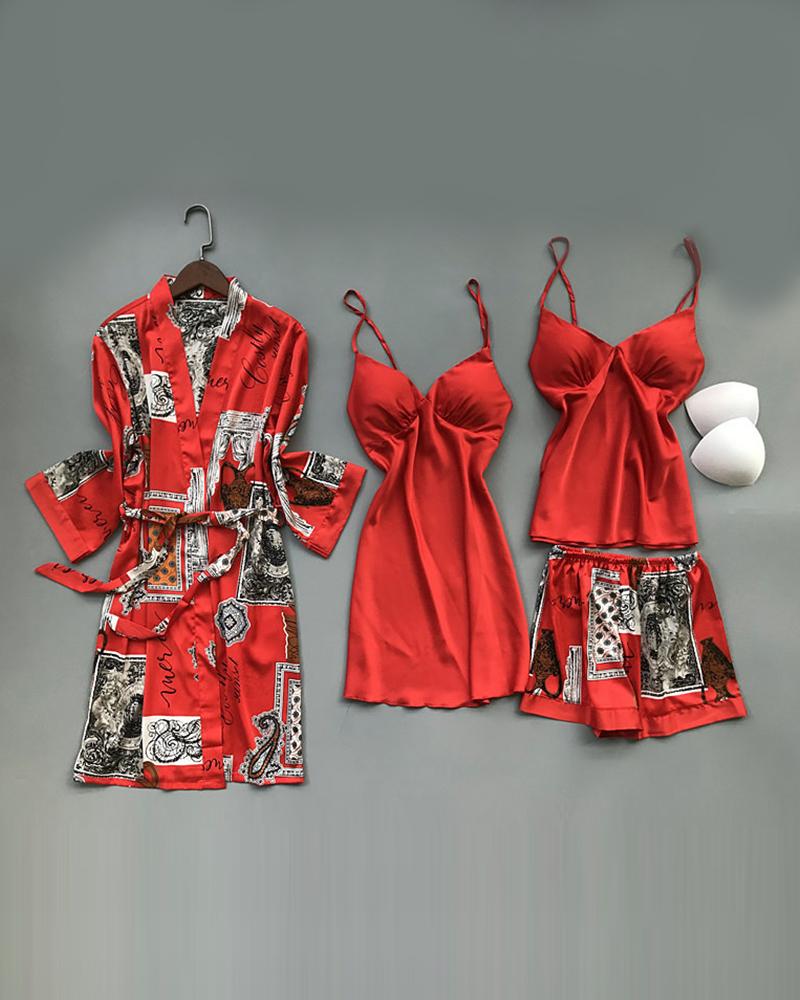 

Mixed Print Lace Trim Satin 4PCS Sleepwear Set, Red