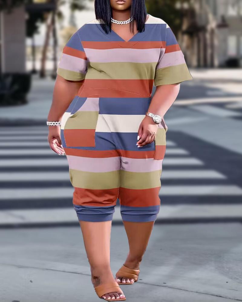 

Plus Size Striped Colorblock Pocket Design Short Sleeve Jumpsuit, Multicolor