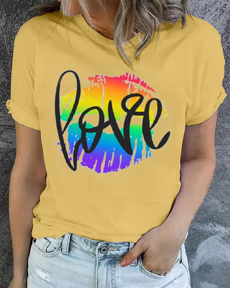 

Pride Month Rainbow Love Lip Print Round Neck T-shirt, Yellow