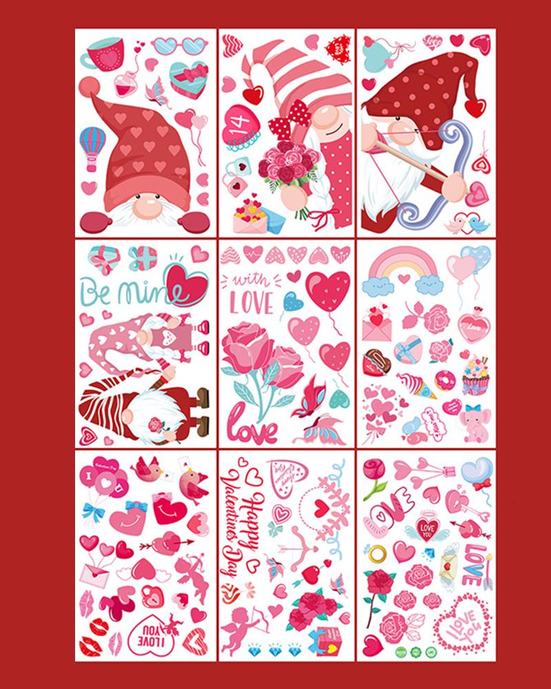 

9pcs Valentine's Day Gnomes Heart Glass Window Stickers Set, Style2