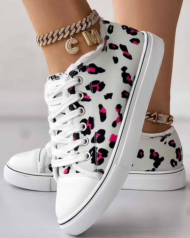 Leopard Print Raw Hem Lace-up Canvas Sneakers