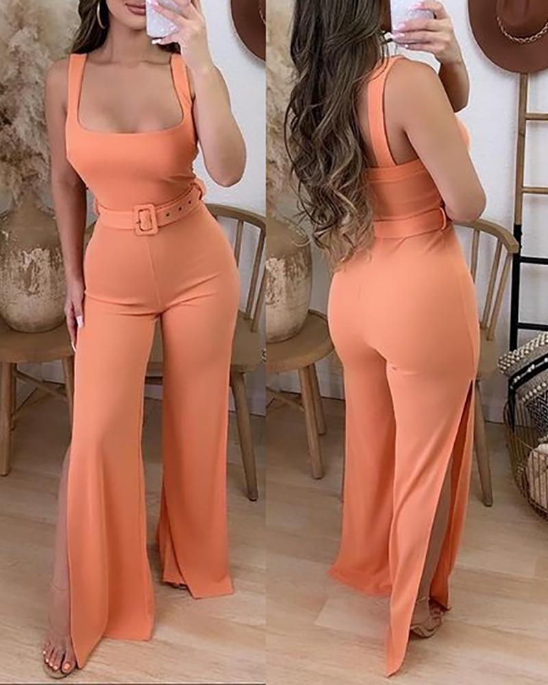 

Square Neck Slit Skinny Jumpsuit With Belt, Yellow