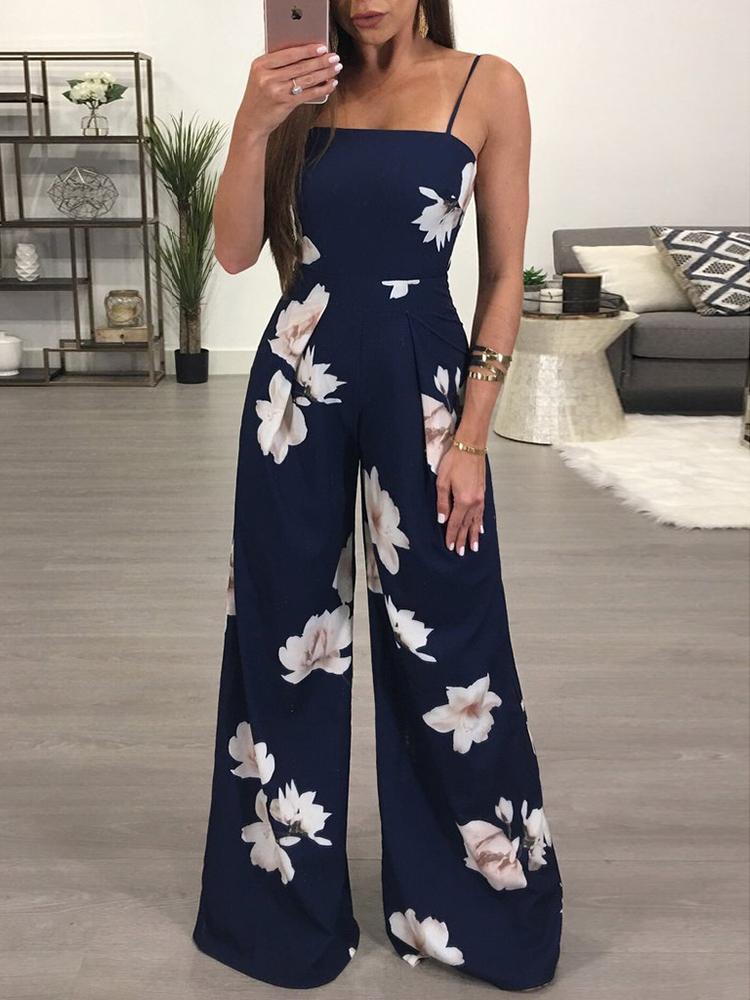 

Floral Strappy Knotted Open Back Flared Jumpsuit, Dark blue