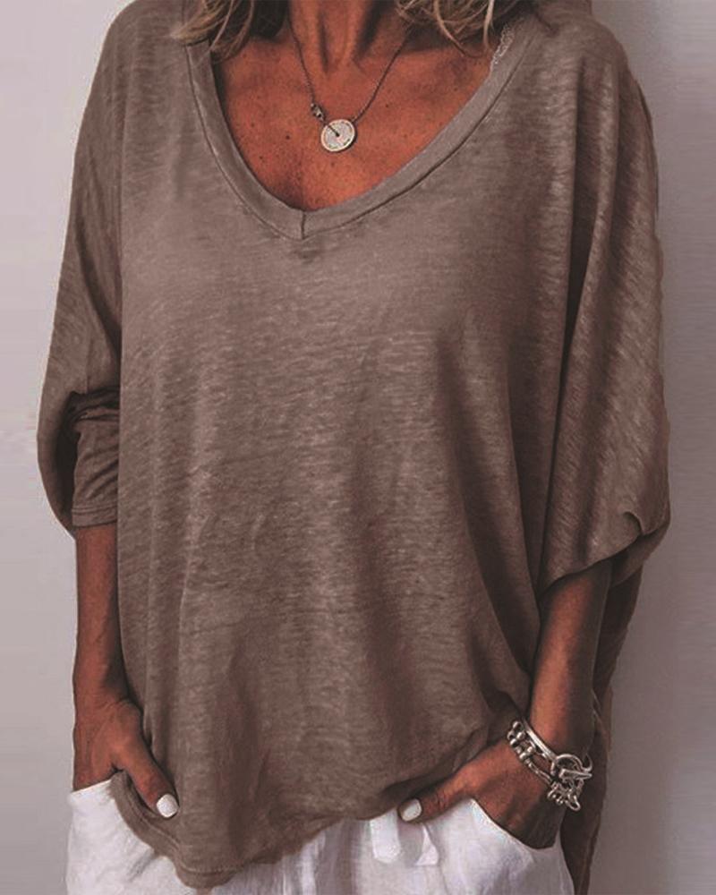 

Plus Size V-Neck Batwing Sleeve Casual Top, Brown