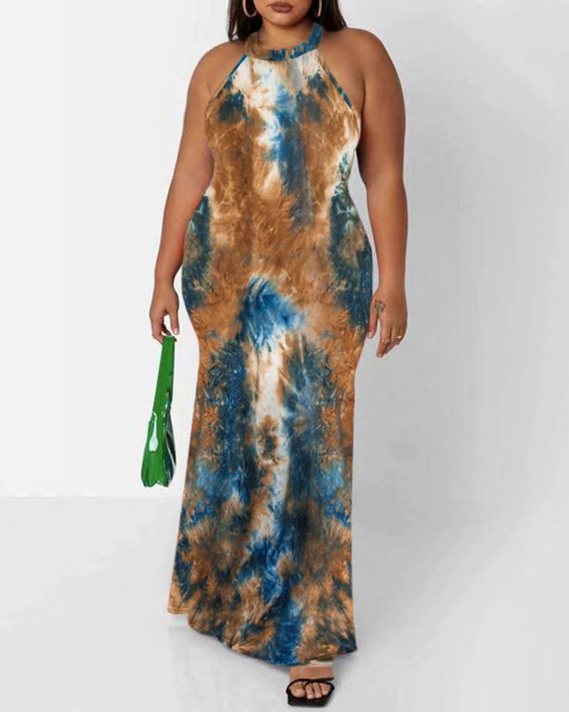 

Plus Size Tie Dye Print Cutout Back Maxi Dress, Coffee
