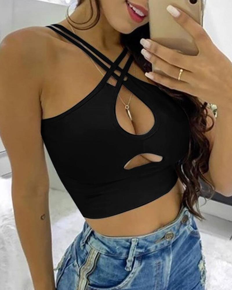 

Plain Cutout Design Spaghetti Strap Halter Tank, Black