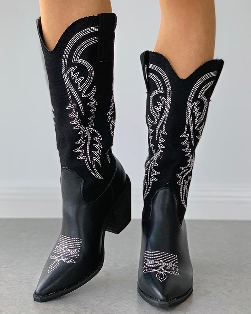 

Pointed Toe Embroidery Chunky Heeled Boots, Black