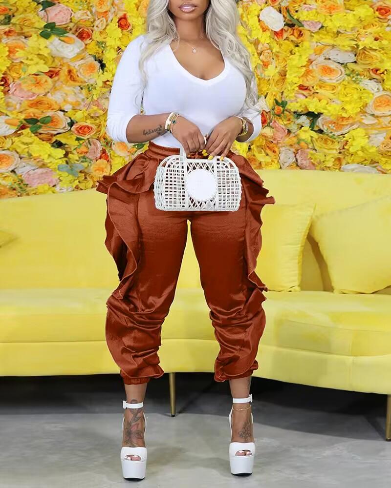 

Ruffle Hem High Waist Satin Pants, Brown
