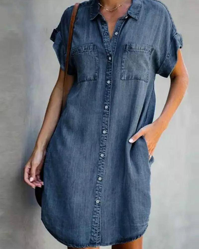 

Button Front Pocket Denim Shirt Dress, Dark blue