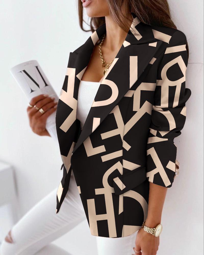 

Letter Print Long Sleeve Blazer Coat, Black
