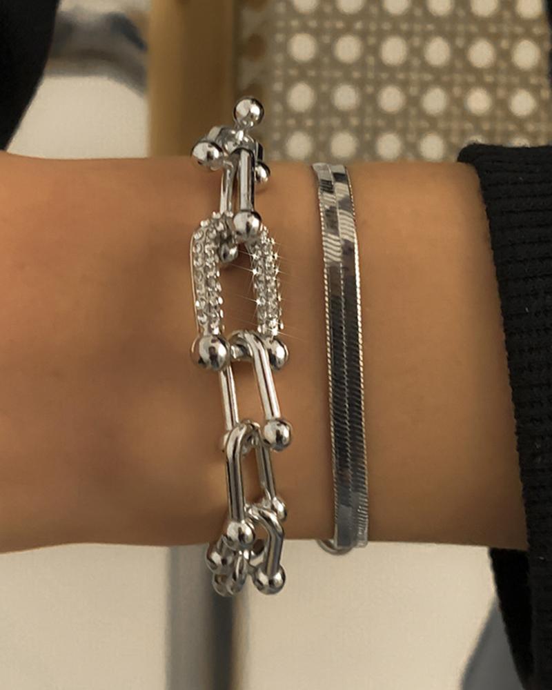 

2pcs Flat Snake Chain Diamond U-shaped Buckle Bracelets Set, Silver