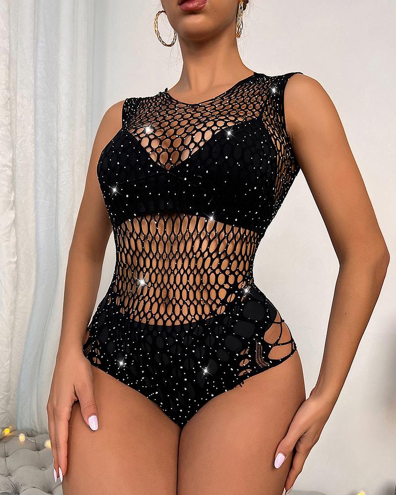 

Sleeveless Rhinestone Fishnet Decor Teddy, Black