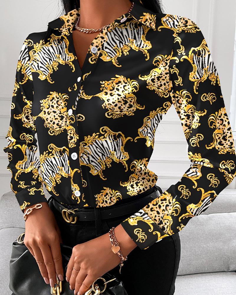 

Scarf Print Button Up Long Sleeve Shirt, Black