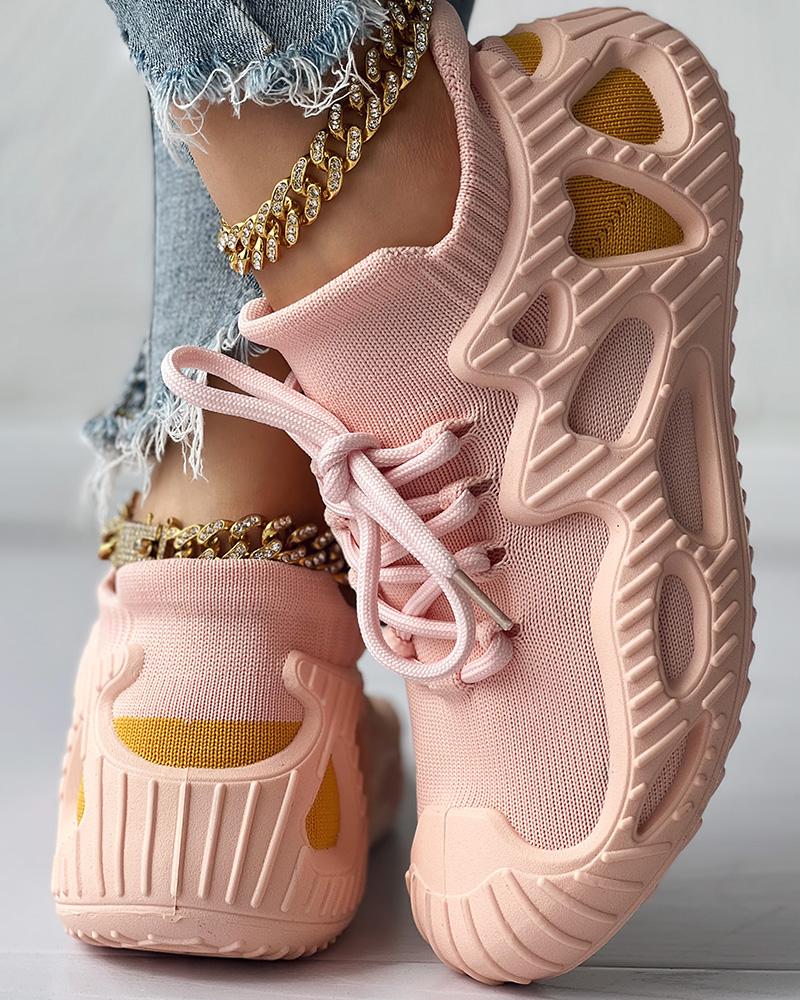 

Colorblock Breathable Lace-up Casual Sneakers, Pink