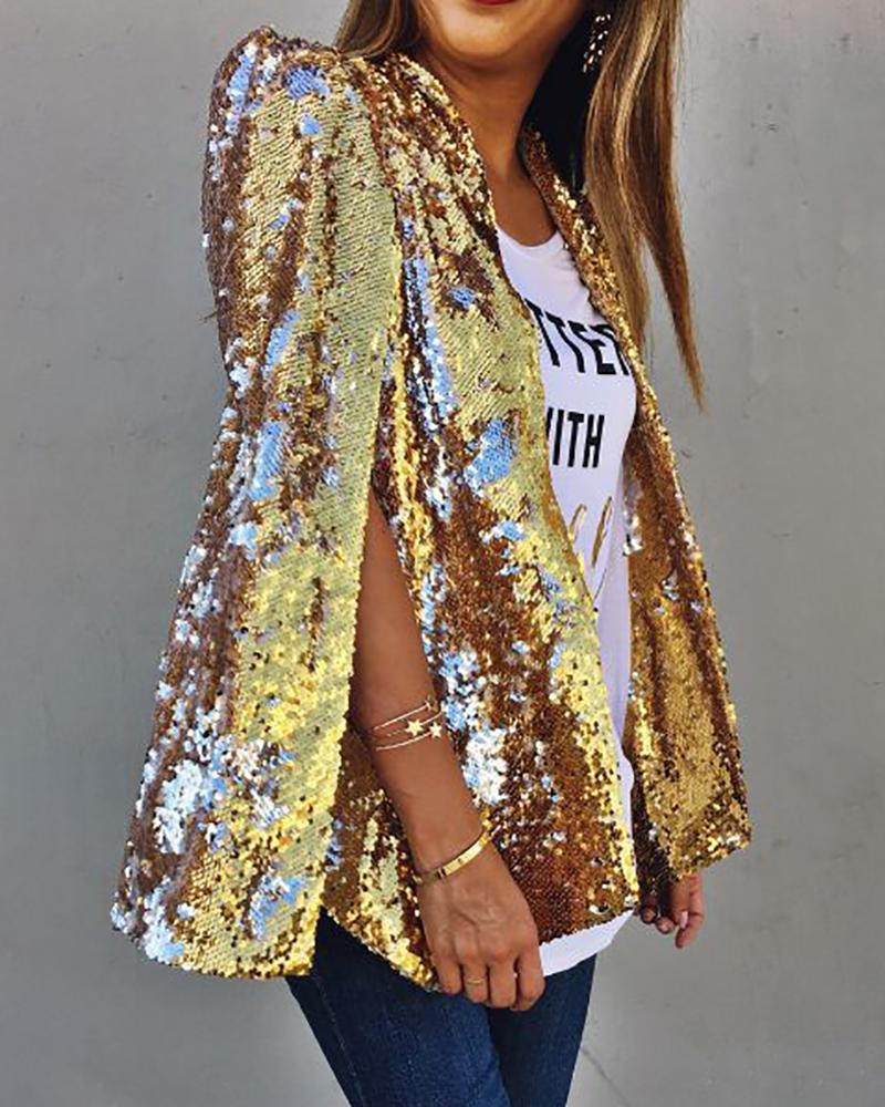 

Allover Sequins Slit Cape Design Blazer Coat, Gold