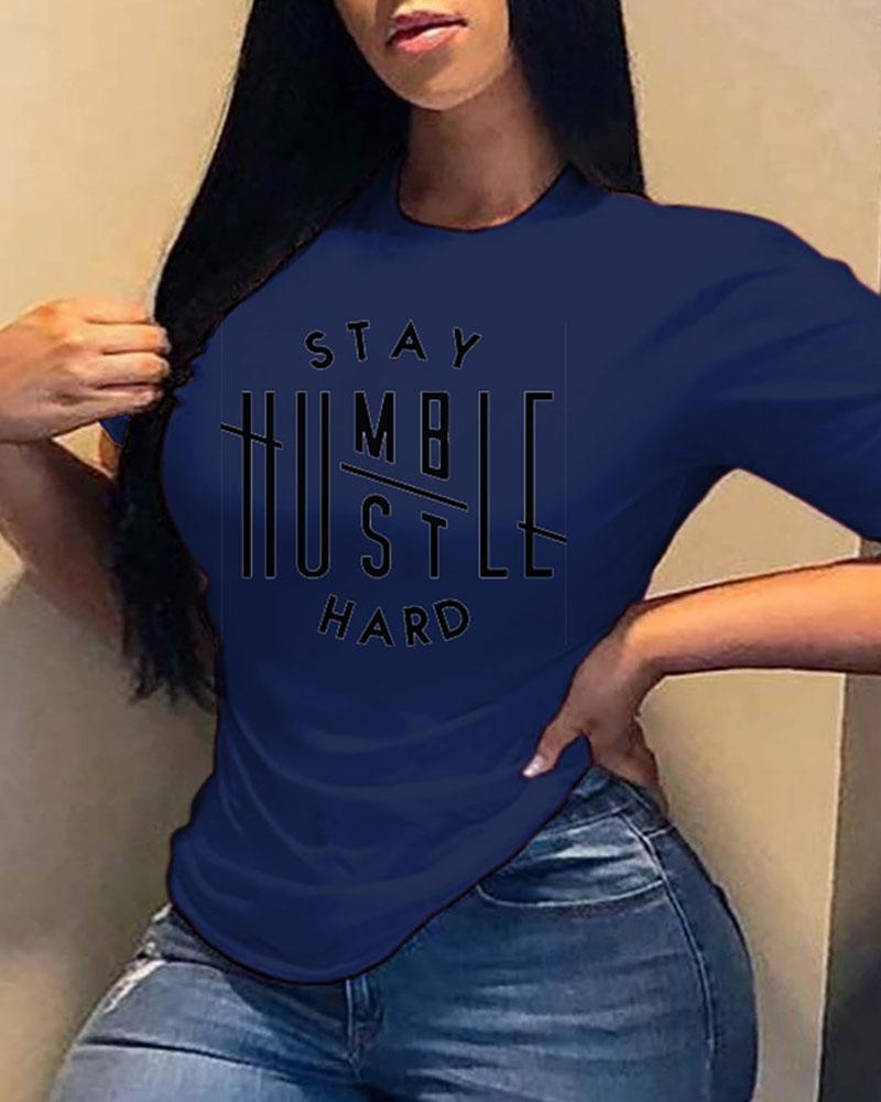 

Letter Print Short Sleeve Casual T-shirt, Dark blue