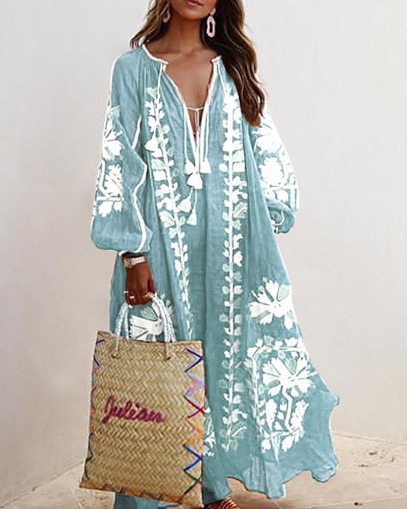 

V Neck Floral Print Long Sleeve Casual Dress, Lighted blue