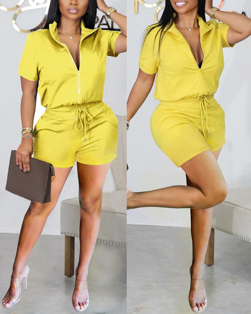 

Casual Zip Up Top & Drawstring Shorts Set, Yellow