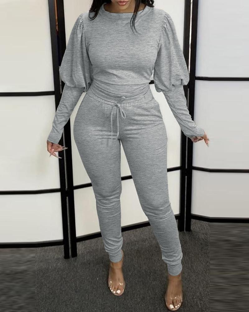 

Round Neck Gigot Sleeve Top & Drawstring Pants Set, Gray